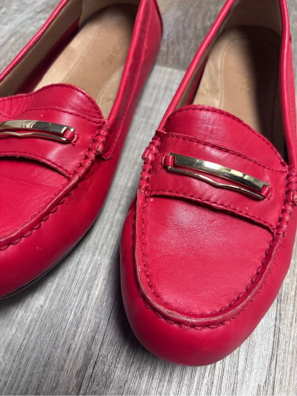 Vionic Ashby Red Leather Driving Loafers with Gold Bar Accent